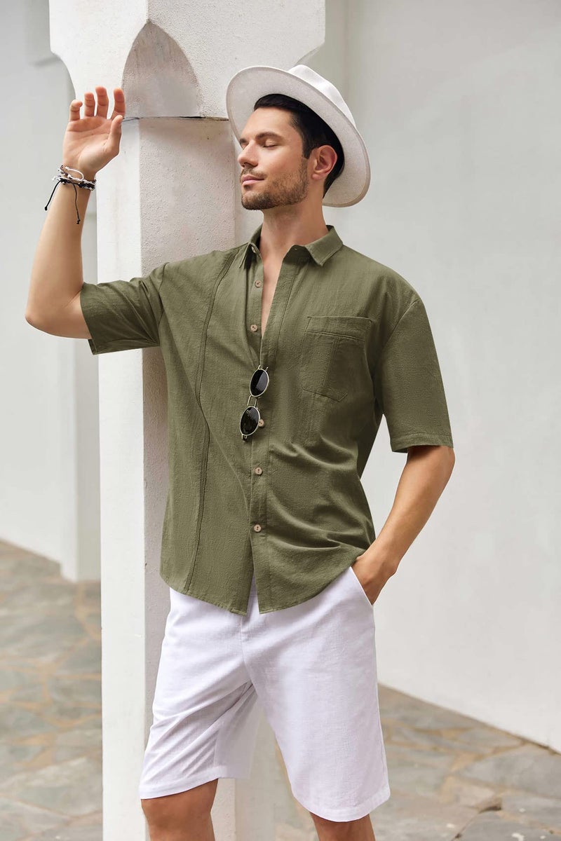 Ryannology Mens Beach Linen Shirts Short Sleeve Cuban Button Down Casual Summer T Shirt Guayabera Hawaiian Tee Loose Fit Tops A Army Green - Image 3